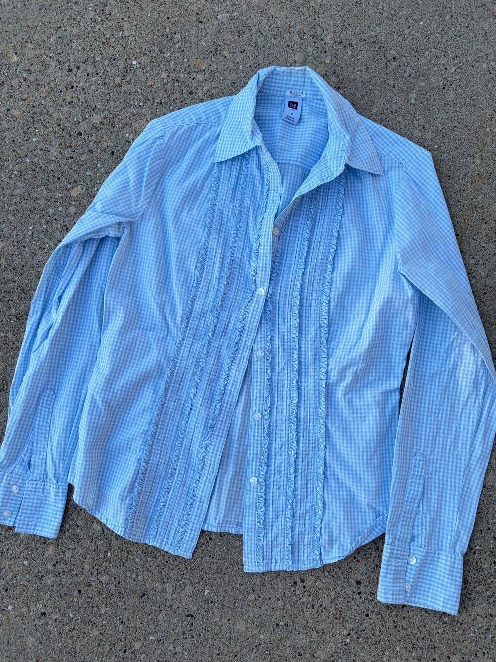 Vintage 90s GAP ruffle blue white plaid button down cottagecore blouse shirt